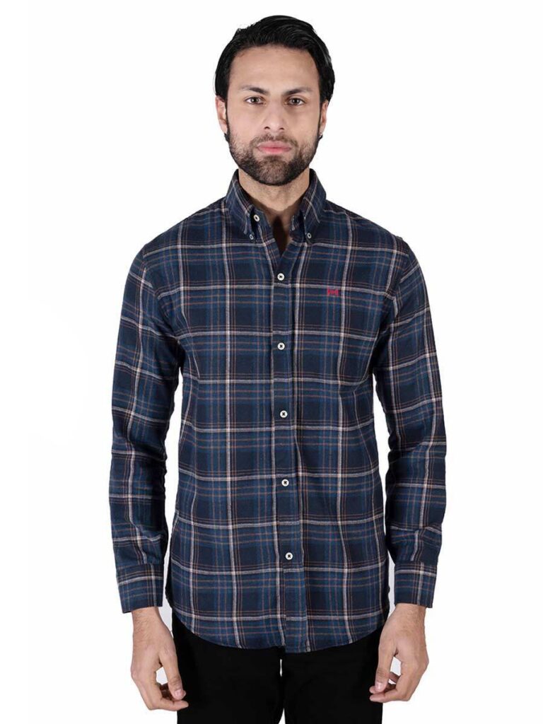 Men Blue Plaid Flannel Button Down Shirt